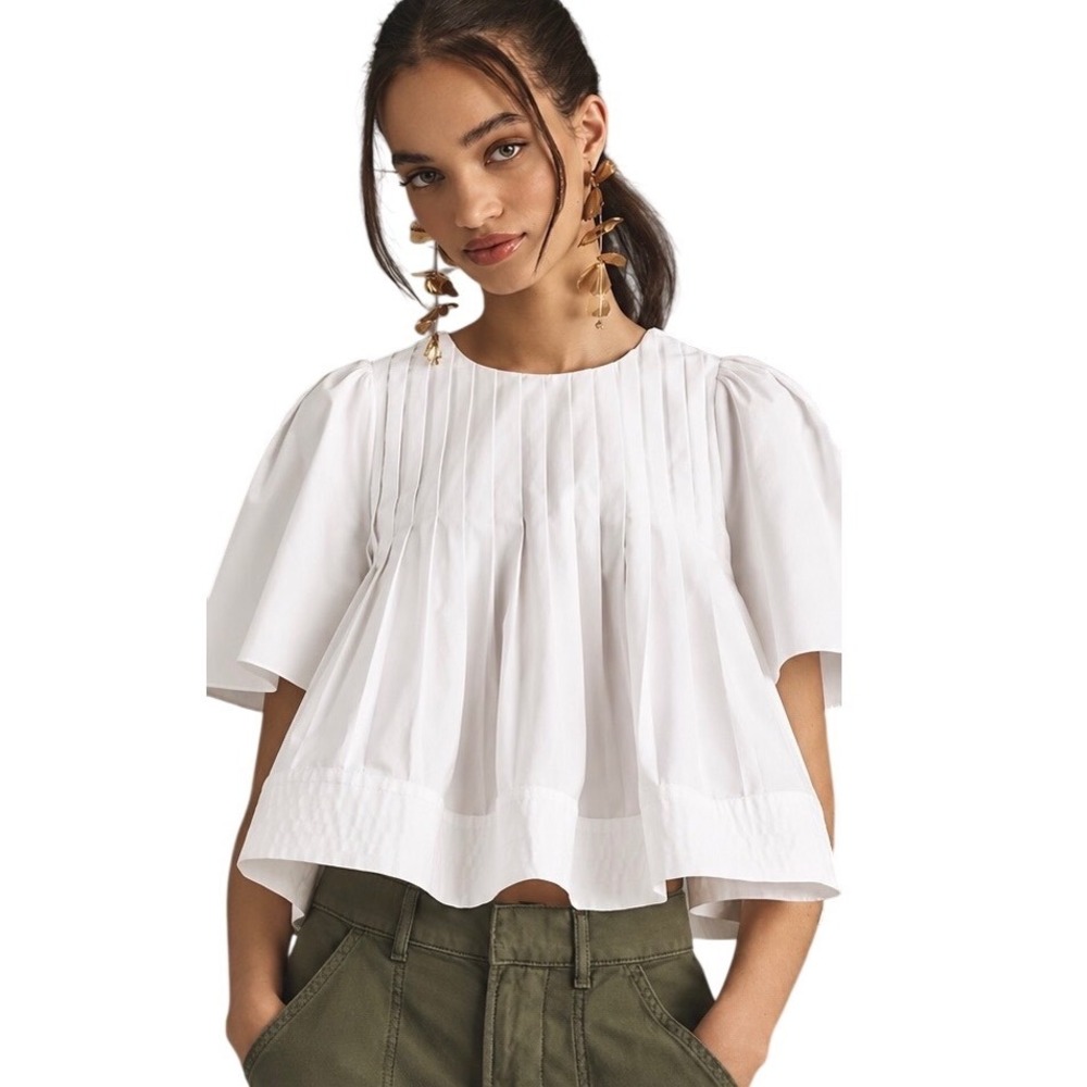 Mare Mare Anthropologie Short Sleeve Pleated Swing Top White Cotton XS